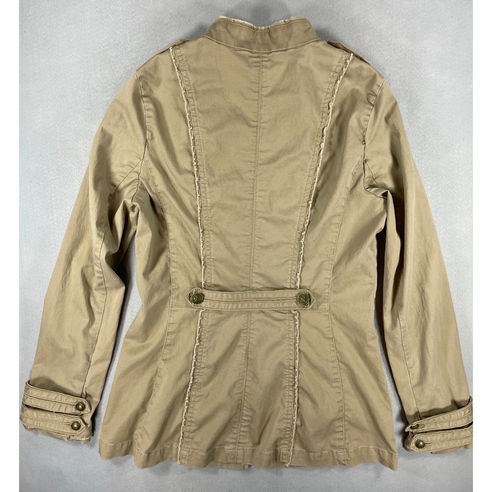 White House Black Market Womens Jacket Military Ruffle Tan Cotton Blend Size 2 - Picture 3 of 10